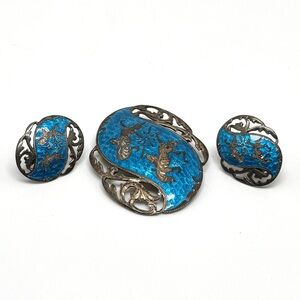 Vintage Siam Silver and Blue Enamel Brooch Earring Set Thai God and Goddess